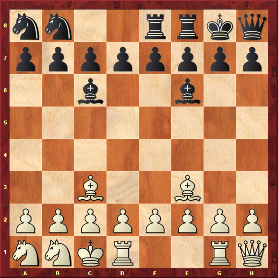 Chess 960 – ukázka specifické náhodné pozice – bílá rošáda na straně h a černá rošáda na straně a